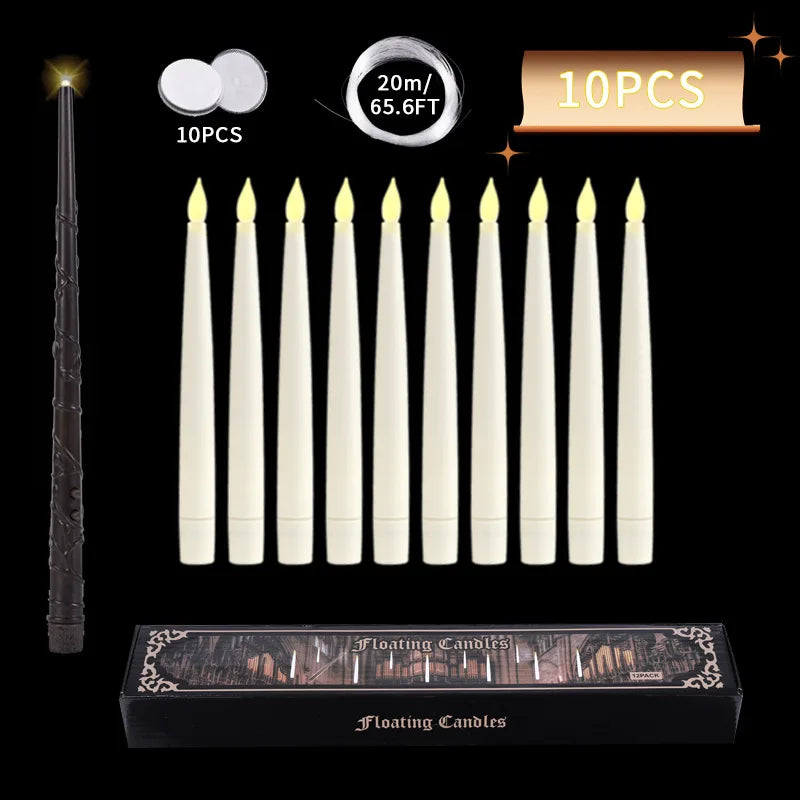 Floating Candles with Magic Wand Flickering Warm Light LED Flameless Candle Taper Candles for Christmas/Wedding/Party/Halloween