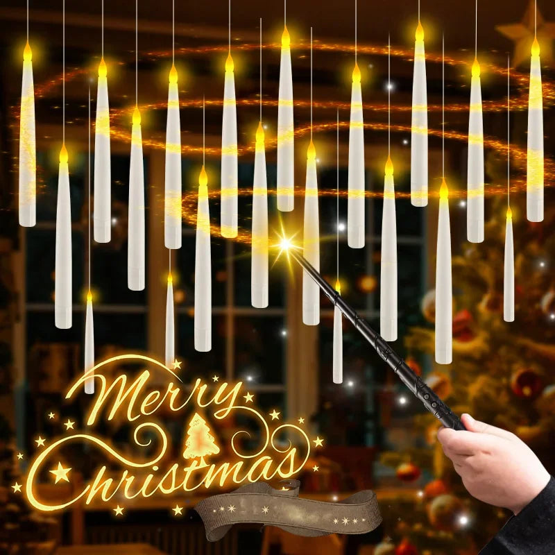 Floating Candles with Magic Wand Flickering Warm Light LED Flameless Candle Taper Candles for Christmas/Wedding/Party/Halloween