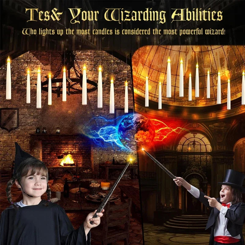 Floating Candles with Magic Wand Flickering Warm Light LED Flameless Candle Taper Candles for Christmas/Wedding/Party/Halloween