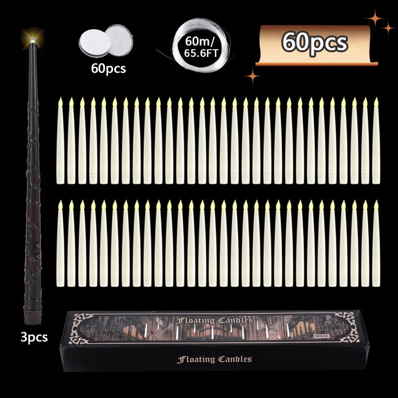 Floating Candles with Magic Wand Flickering Warm Light LED Flameless Candle Taper Candles for Christmas/Wedding/Party/Halloween