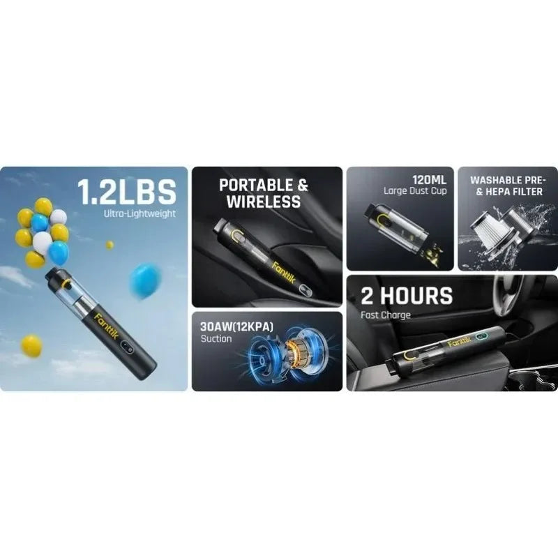 12000Pa/30AW, RobustClean Mini Vacuum with Flexible Hose and Pet Brush,Slim V8 Mate Cordless Car Vacuum High Power,