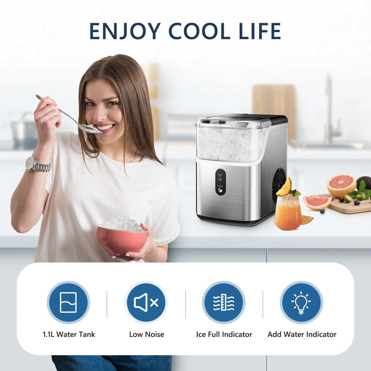 For Nugget Ice Maker Countertop,34lbs Per Day,Portable Ice Maker Machine with with Basket and Scoop, Self-Cleaning