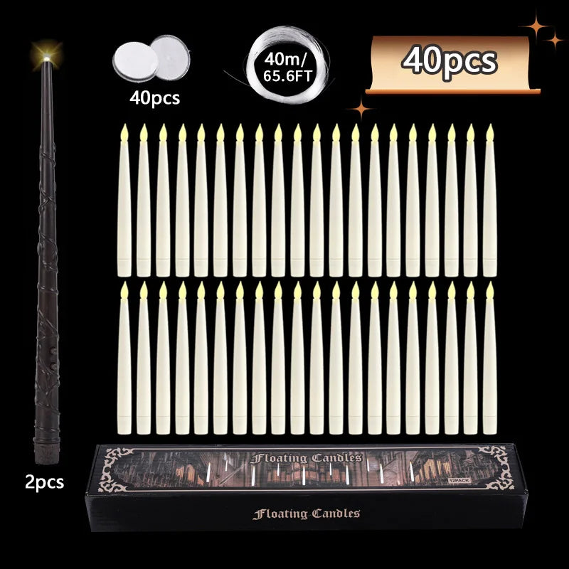 Floating Candles with Magic Wand Flickering Warm Light LED Flameless Candle Taper Candles for Christmas/Wedding/Party/Halloween