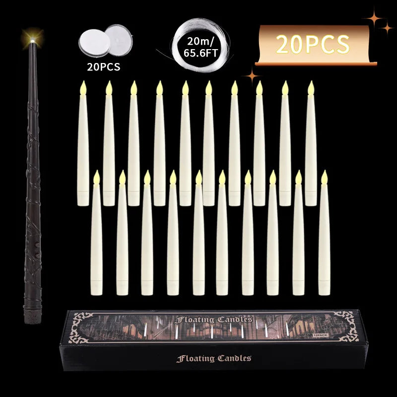Floating Candles with Magic Wand Flickering Warm Light LED Flameless Candle Taper Candles for Christmas/Wedding/Party/Halloween
