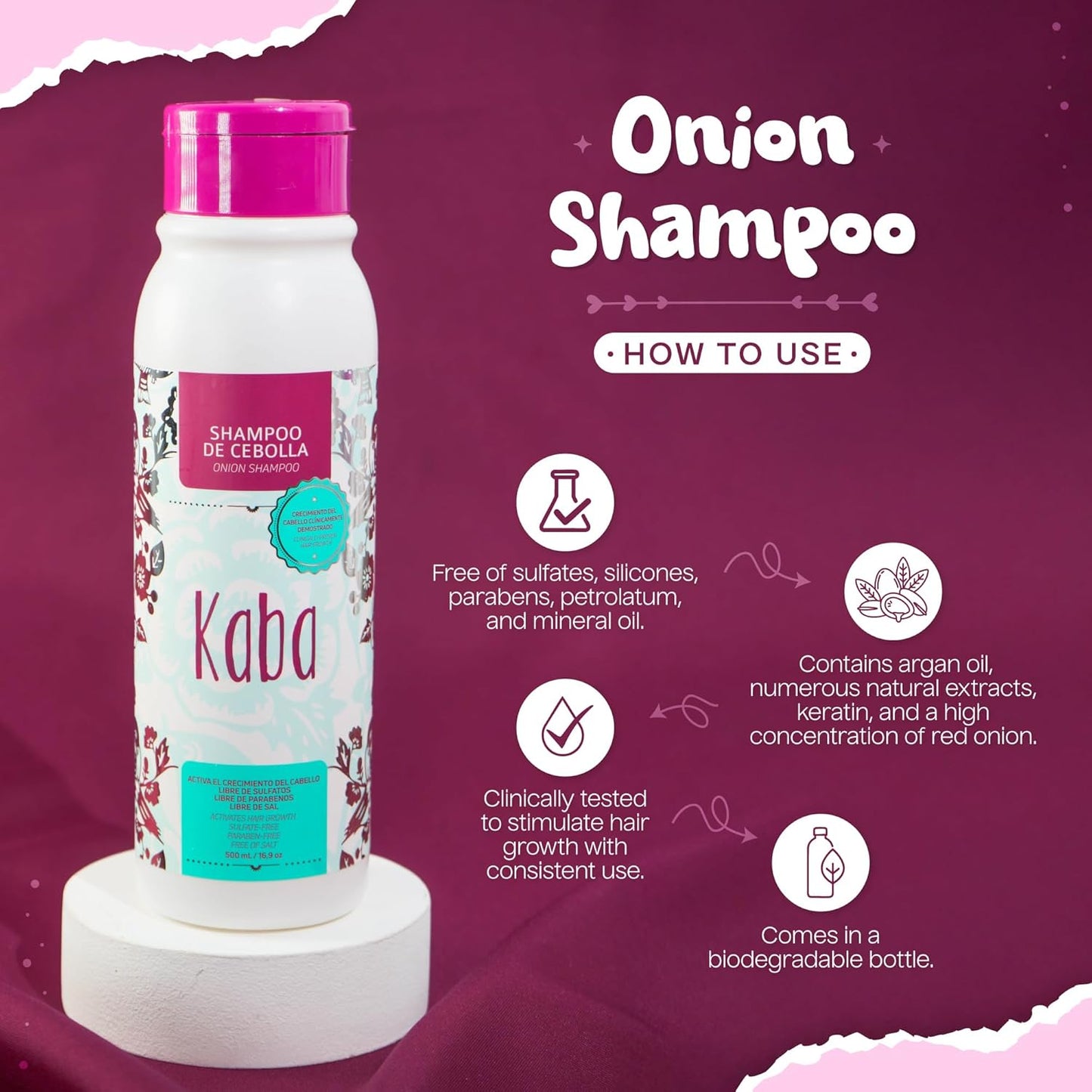 Kaba Onion Shampoo de Cebolla for Hair Growth, Sulfate-Free, Paraben-Free, Stimulates Hair Regrowth, Reduces Hair Loss, Deep Scalp Cleanse, All Hair Types - 500 ML