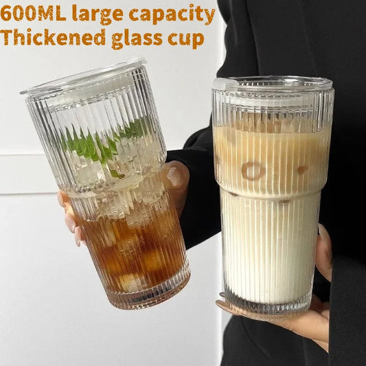 Simple vertical pattern large glass cup with lid and straw cold drink cup ins Fenggao appearance juice coffee cup water cup