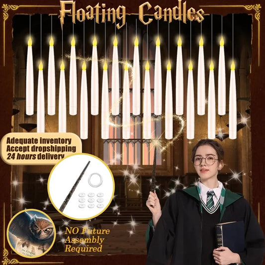 Floating Candles with Magic Wand Flickering Warm Light LED Flameless Candle Taper Candles for Christmas/Wedding/Party/Halloween