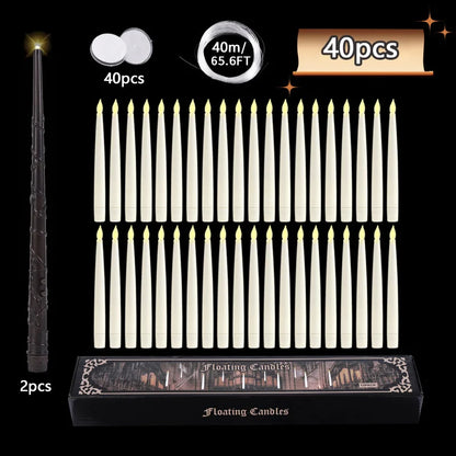 Floating Candles with Magic Wand Flickering Warm Light LED Flameless Candle Taper Candles for Christmas/Wedding/Party/Halloween